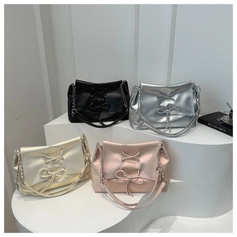 Damen PU Leder Große Kapazität Umhängetasche Schleife Kordelzug Tote Tasche Vielseitige Metallische Glänzende Crossbody Handtasche