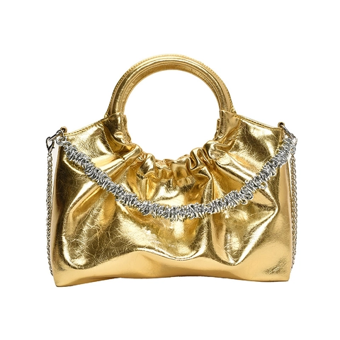 Metallic PU Leather Ruched Shoulder Bag For Women Fashion Round Handle Chunky Chain Pleated Crossbody Bag Designer Handbag