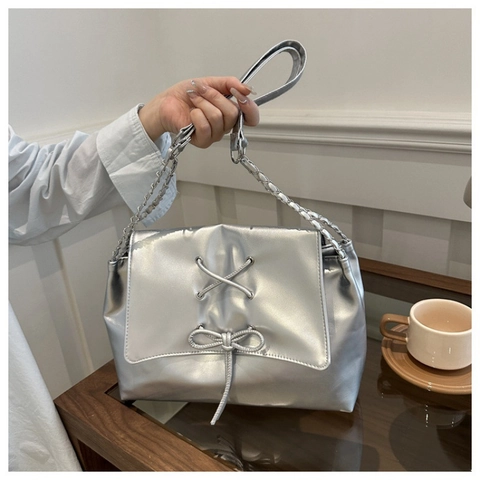 Damen PU Leder Große Kapazität Umhängetasche Schleife Kordelzug Tote Tasche Vielseitige Metallische Glänzende Crossbody Handtasche