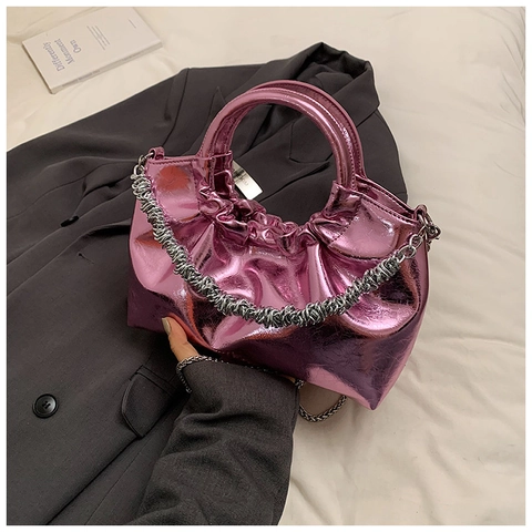 Metallic PU Leather Ruched Shoulder Bag For Women Fashion Round Handle Chunky Chain Pleated Crossbody Bag Designer Handbag