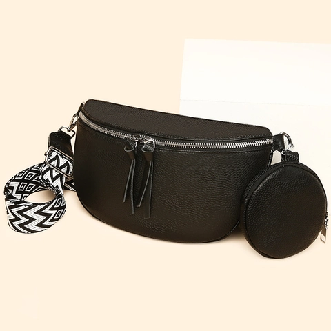 Women Genuine First Layer Cowhide Waist Bag Fashion Lychee Pattern Chest Bag With Wide Geometric Strap Sub-Bag Set