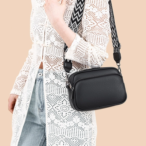 Mode PU Leder Litschi Textur Umhängetasche Für Damen Mehrschichtige Große Kapazität Schultertasche Mit Geometrischem Breitem Gurt