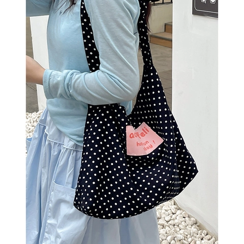 Koreanischer Stil Große Kapazität Nylon Umhängetasche Für Damen Mode Polka Dot Bedruckte Schultertasche Lässige Brief Tote Bag