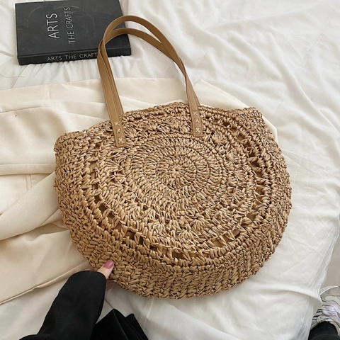 Böhmische Runde Stroh Gewebte Umhängetasche Für Damen Sommer Urlaub Strand Tote Mit Kontrast Ledergriffen