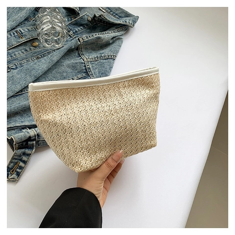 Bolso de Mano de Paja Tejida Minimalista Patchwork de Cuero PU Color de Contraste Clutch Cierre de Cremallera Vacaciones de Verano Mujer Viaje Neceser