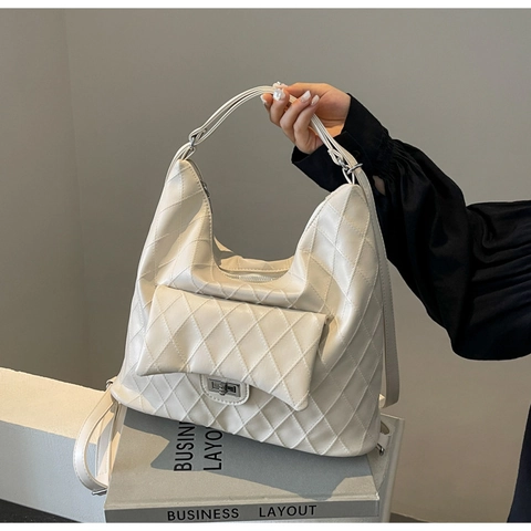 Borsa a Tracolla Trapuntata a Rombi da Donna Grande Capacità in Pelle PU Borsa a Mano Con Chiusura in Metallo Moda Pendolare