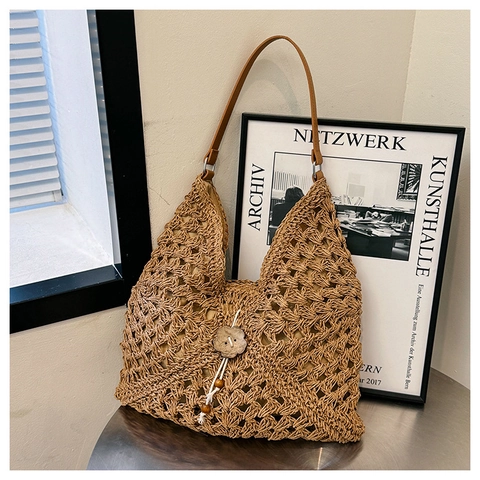 Handgewebte Stroh Umhängetasche Für Damen Hohl Geometrische Häkeln Tote Mit Holz Blume Knopf Quaste Urlaub Handtasche