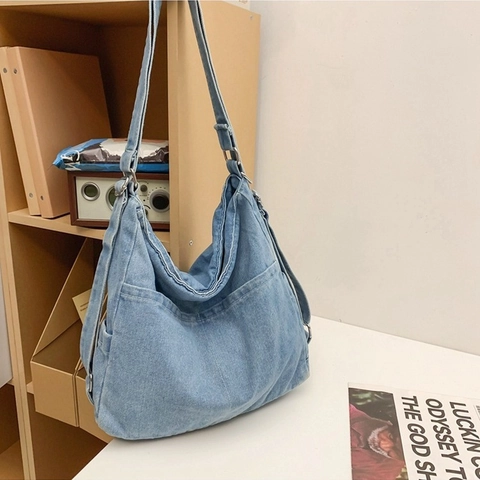 Large Capacity Washed Denim Shoulder Bag For Women Vintage Hobo Bag Adjustable Strap Retro Blue Black Denim Backpack Tote