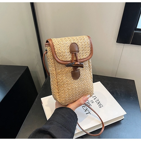 Sac Bandoulière Mini en Paille Tissée Tendance pour Femmes Sac pour Téléphone Portable Rayé Arc-en-ciel Avec Fermeture à Bascule