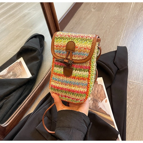 Sac Bandoulière Mini en Paille Tissée Tendance pour Femmes Sac pour Téléphone Portable Rayé Arc-en-ciel Avec Fermeture à Bascule