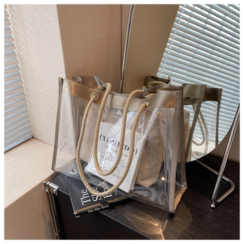 Trendige Transparente PVC Tragetasche Für Damen Mit Canvas Innentasche Große Kapazität Khaki Minimalistische Schultertasche Seilgriff