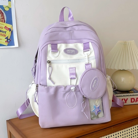 Sac à Dos en Nylon à la Mode Couleur Contrastée Grande Capacité Sac d'École Ados Filles Décontracté Multi-Poche Sac de Voyage
