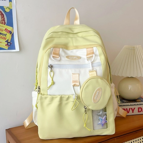 Sac à Dos en Nylon à la Mode Couleur Contrastée Grande Capacité Sac d'École Ados Filles Décontracté Multi-Poche Sac de Voyage