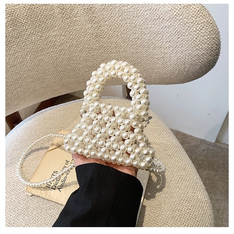 Elegante Borsa a Tracolla Mini in Perle Artificiali Intrecciate da Donna Borsa a Mano con Perline Fatta a Mano Festa Matrimonio