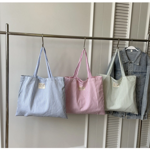 Grand Sac Fourre-tout en Toile à Rayures Verticales de Style Japonais Sac à Bandoulière en Tissu Grande Capacité pour Femmes