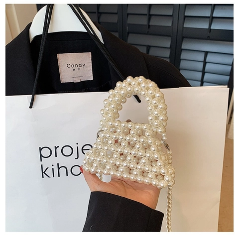 Elegante Borsa a Tracolla Mini in Perle Artificiali Intrecciate da Donna Borsa a Mano con Perline Fatta a Mano Festa Matrimonio