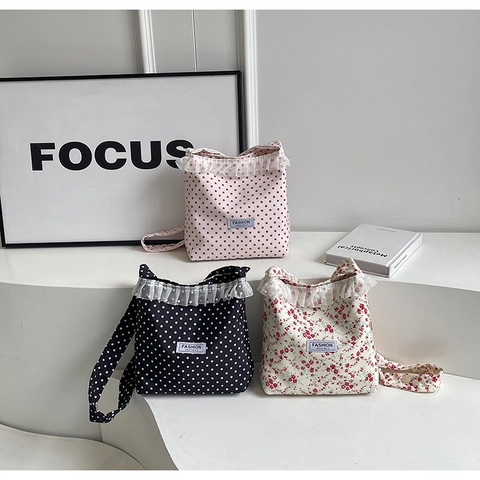 Bolso de Hombro de Lona para Mujer con Lunares y Flores Decoración de Encaje y Perlas Artificiales Bolso Bandolera de Gran Capacidad Bolso de Mano Casual Fashion Instinct