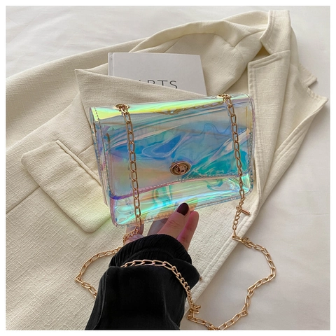 Damen Mode Holografisch Schillernd PVC Umhängetasche Laser Transparent Mini Quadratische Schultertasche Mit Goldener Metallkette