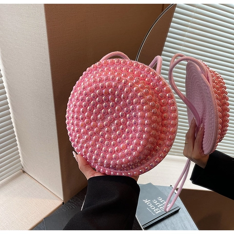 Borsa a Tracolla Rotonda con Perle Artificiali per Donna in Cotone e Lino Tessuta a Mano Borsa a Spalla Dolce Elegante Borsa da Sera