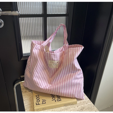Grand Sac Fourre-tout en Toile à Rayures Verticales de Style Japonais Sac à Bandoulière en Tissu Grande Capacité pour Femmes