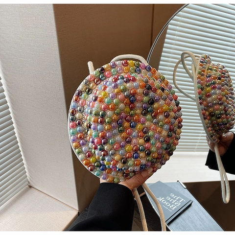 Borsa a Tracolla Rotonda con Perle Artificiali per Donna in Cotone e Lino Tessuta a Mano Borsa a Spalla Dolce Elegante Borsa da Sera