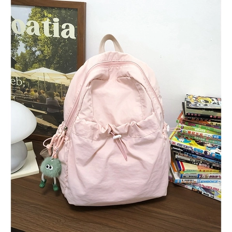 Mochila de Nailon Minimalista para Mujer Mochila Escolar Casual de Color Sólido a la Moda con Bolsillo de Cordón Bolso de Hombro Ligero