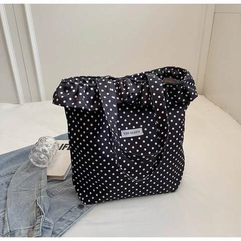 Borsa Tote da Donna con Stampa a Pois e Bordo con Volant Borsa a Spalla in Tessuto per Shopping Quotidiano Casual Grande