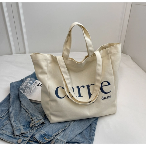 Damen Casual Segeltuch Tote Bag Minimalistisch Buchstaben Druck Handtasche Große Kapazität Schultertasche Einkaufstasche Für Pendeln