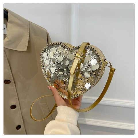 Fashion Heart Shaped Sequin Crossbody Bag For Women Trendy Glitter Shoulder Bag With Adjustable Strap Party Evening Handbag