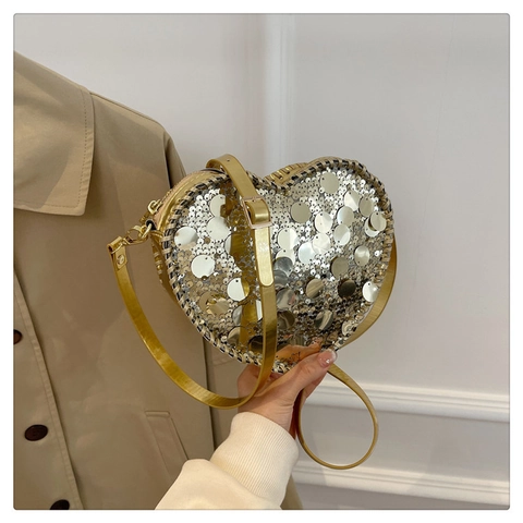 Fashion Heart Shaped Sequin Crossbody Bag For Women Trendy Glitter Shoulder Bag With Adjustable Strap Party Evening Handbag