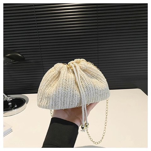 Borsa a Tracolla Intrecciata da Donna Minimalista Urbana Borsa a Secchiello con Coulisse Leggera con Tracolla in Catena d'Oro