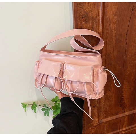 Borsa a Spalla da Donna in Pelle PU Lucida Multitasca Y2K Minimalista Borsa Sottobraccio Con Coulisse Tracolla Larga Versatile