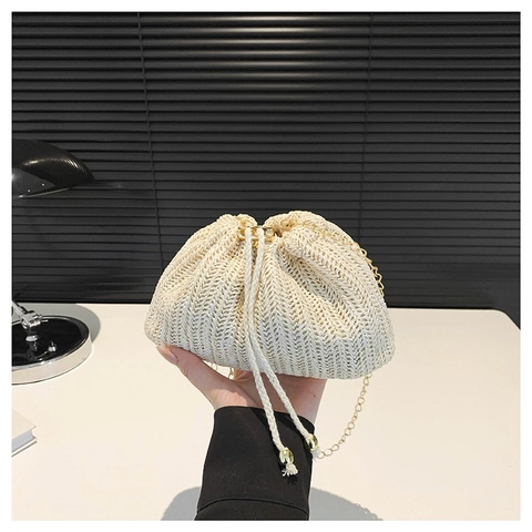 Borsa a Tracolla Intrecciata da Donna Minimalista Urbana Borsa a Secchiello con Coulisse Leggera con Tracolla in Catena d'Oro