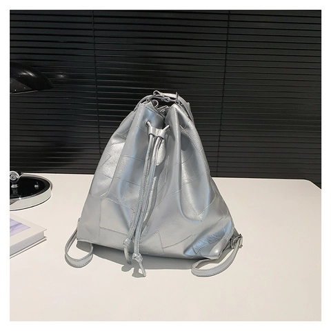Bolso de Hombro Patchwork de Cuero PU para Mujer Moda Bolso de Cubo con Cordón Gran Capacidad Bolso de Mano Minimalista Urbano