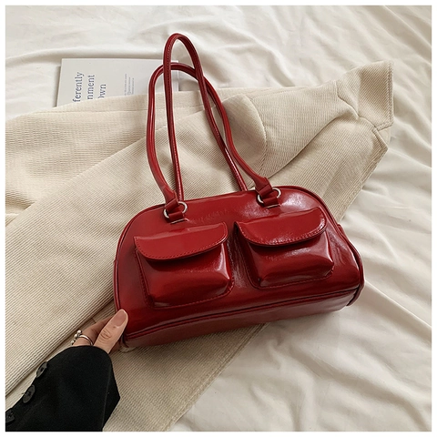 Women Urban Simple PU Leather Shoulder Bag Solid Color Urban Handbag With Pearl Bow Charm Double Front Pockets Daily Purse