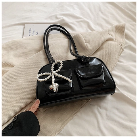 Women Urban Simple PU Leather Shoulder Bag Solid Color Urban Handbag With Pearl Bow Charm Double Front Pockets Daily Purse