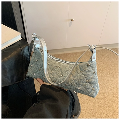 Retro Denim Strass Achseltasche Damen Gesteppt Rauten Schultertasche Blau Jeans Stoff Baguette Tasche Chic Y2K Handtasche