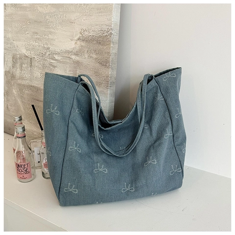 Bolso de Mano de Denim para Mujer Gran Capacidad Bolso de Hombro Con Lazo y Cara Sonriente Estampado Casual Para Compras