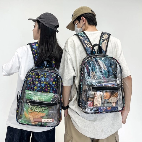 Zaino Trasparente in PVC per Donna Zaino Impermeabile per Studenti Con Motivo Stampato Fenicottero Stella Foglia Paisley