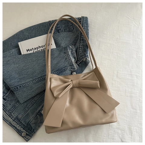 Fashion Women PU Leather Shoulder Bag Sweet Elegant Large Bow Decor Underarm Tote Bag Daily Versatile Solid Color Handbag