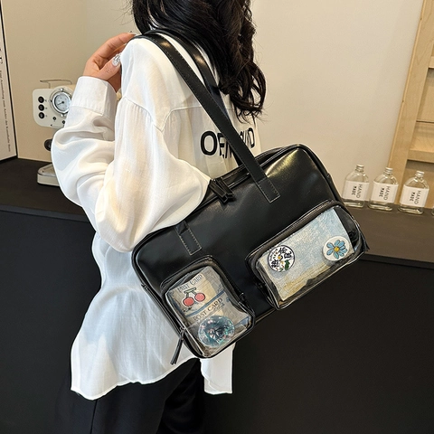 Borsa Ita in Pelle PU alla Moda Donna Finestra Trasparente Grande Capacità Borsa a Mano Argento Nero Bianco a Spalla