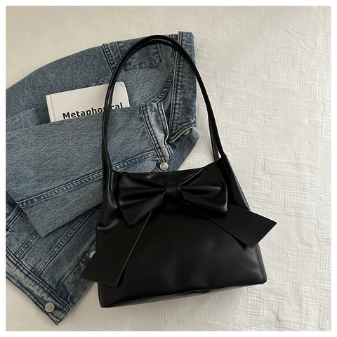 Fashion Women PU Leather Shoulder Bag Sweet Elegant Large Bow Decor Underarm Tote Bag Daily Versatile Solid Color Handbag