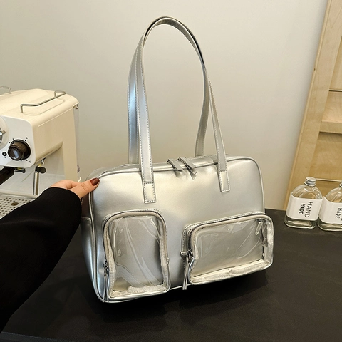 Borsa Ita in Pelle PU alla Moda Donna Finestra Trasparente Grande Capacità Borsa a Mano Argento Nero Bianco a Spalla