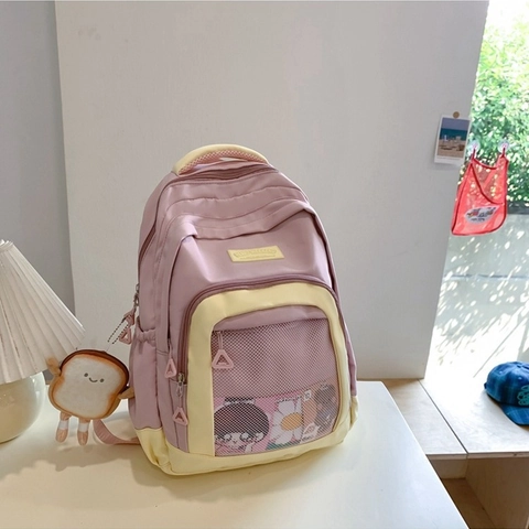 Sac à Dos de Mode en Nylon et Maille pour Femmes Filles Couleur Contrastée Grande Capacité Sac d'École Avec Pendentif en Peluche Hello Weekend