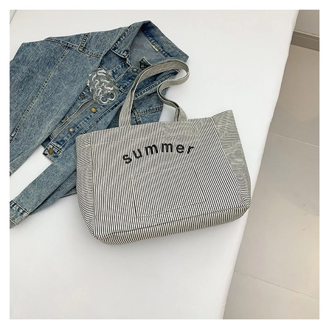 Gestreifte Segeltuch Tragetasche Sommer Buchstaben Druck Große Kapazität Lässige Umhängetasche Damen Mode Stoff Handtasche Reise