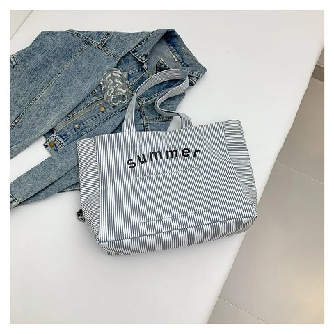 Gestreifte Segeltuch Tragetasche Sommer Buchstaben Druck Große Kapazität Lässige Umhängetasche Damen Mode Stoff Handtasche Reise