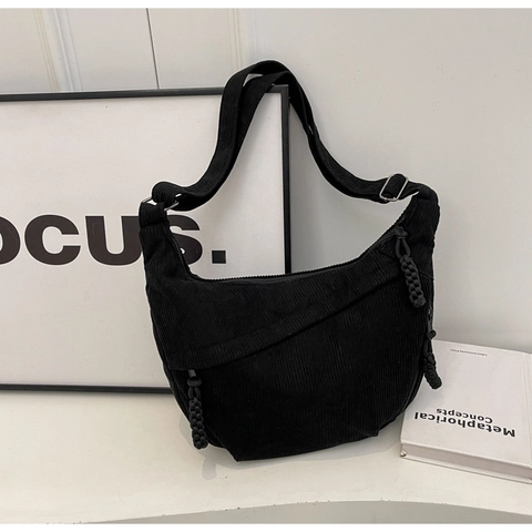 Women Corduroy Crescent Shoulder Bag Large Capacity Solid Color Casual Crossbody Bag With Adjustable Strap Woven Zipper Pull Retro Hobo Bag