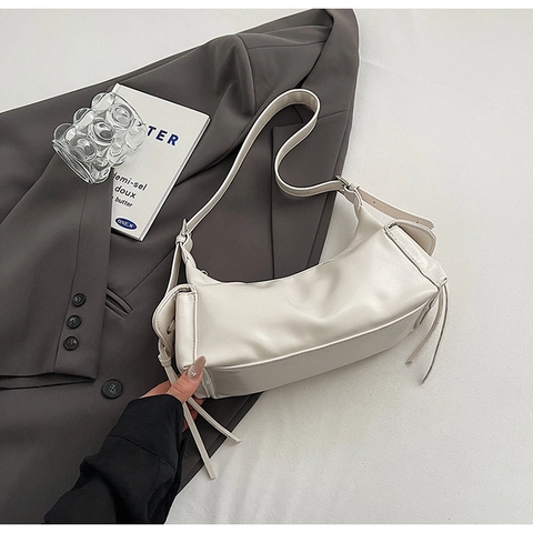 Minimalist PU Leather Underarm Bag For Women Glossy Hobo Shoulder Bag With Lace-up Decor Solid Color Versatile Daily Handbag