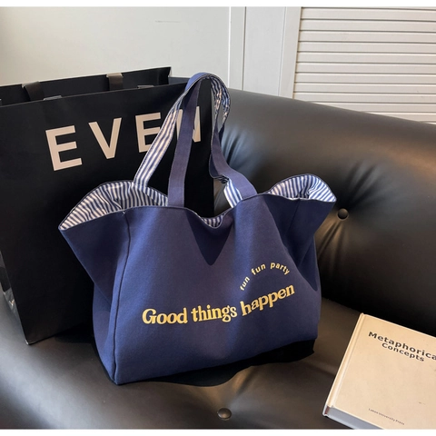 Sac Fourre-tout en Toile pour Femmes Grande Capacité Décontracté Impression de Lettres Sac à Épaule Simple Élégant Sac à Provisions Quotidien Doublure Rayée