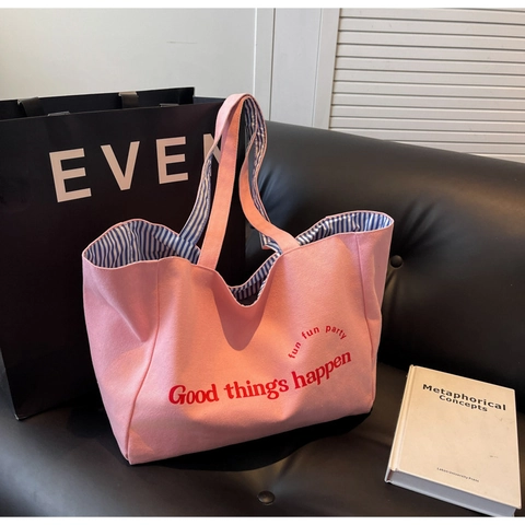 Sac Fourre-tout en Toile pour Femmes Grande Capacité Décontracté Impression de Lettres Sac à Épaule Simple Élégant Sac à Provisions Quotidien Doublure Rayée
